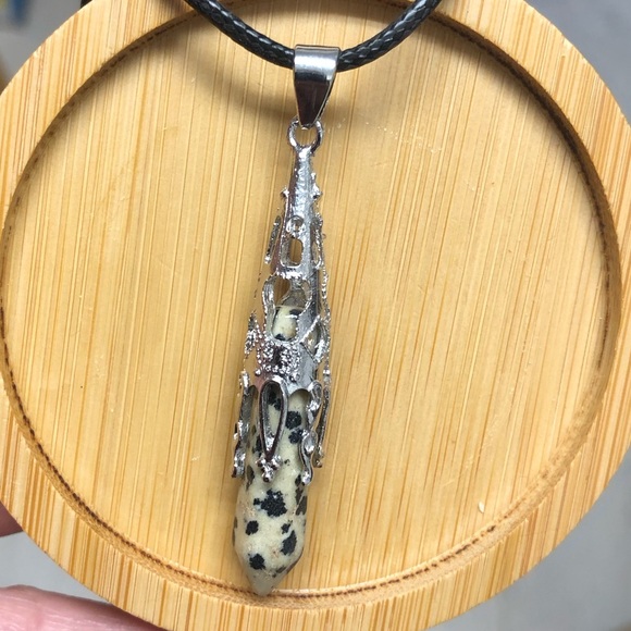 Jewelry - Dalmatian Natural Stone Hexagonal Prism Pyramid Pendant Gemstone Necklace